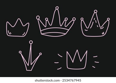 Set of doodle outline crowns, hand drawn vector  fairy elements 