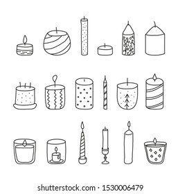 Set of doodle outline decorative candles isolated on white background.