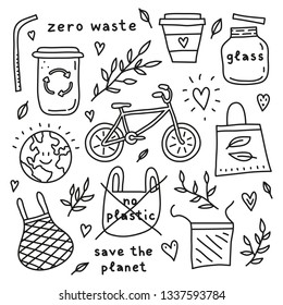 Set of doodle outline ecological icons isolated on white background. Zero waste life concept.