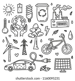 Set of doodle outline ecology and environment icons isolated on white background.