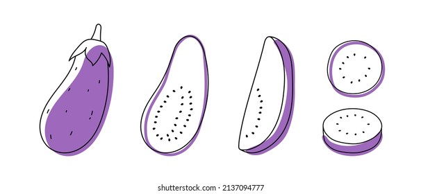 Set of doodle outline eggplant with spots. Whole and pieces. Vector illustration for packing
