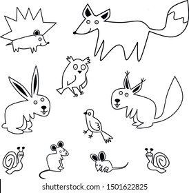 Set of doodle outline forest animals. Fox, bunny, mouse, rat, bird, owl, snail, squirrel, hedgehog