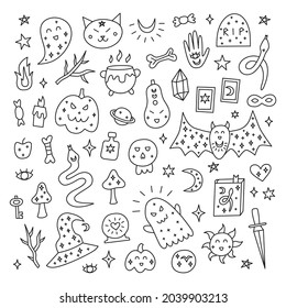 Set of doodle outline Halloween icons including pumpkins, bat, witch hat, ghost, snakes, gravestone, hands, sun, moon, mushrooms, bones, scull, candles, etc isolated on white background.