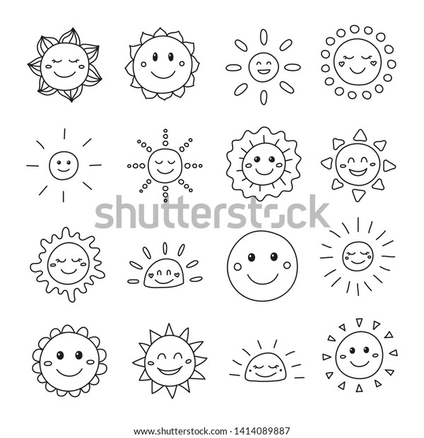 Set Doodle Outline Happy Smiley Sun Stock Vector (Royalty Free) 1414089887