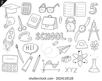 Set of doodle outline icons back to school. School items, supplies, stationery, Hand-drawn black and white vector illustration. Design elements are isolated on a white background.