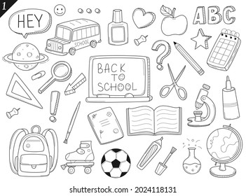 Set von Doppel-Umrisssymbolen zurück zur Schule. Schulartikel, Vorräte, Schreibwaren, handgezeichnete schwarz-weiße Vektorgrafik. Designelemente sind einzeln auf weißem Hintergrund.