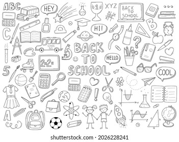 Set of doodle outline icons back to school. School items, supplies, stationery, Hand-drawn black and white vector illustration. Design elements are isolated on a white background.