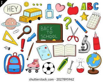 Set of doodle outline icons back to school. School items, supplies, stationery, Hand-drawn black and white vector illustration. Design elements are isolated on a white background.