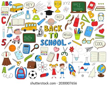 Set of doodle outline icons back to school. School items, supplies, stationery, Hand-drawn black and white vector illustration. Design elements are isolated on a white background.