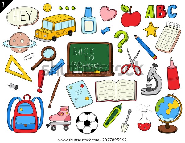 Set Doodle Outline Icons Back School Stock Vector (Royalty Free ...