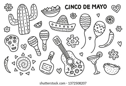 Set of doodle outline icons for Cinco de mayo celebration isolated on white background.