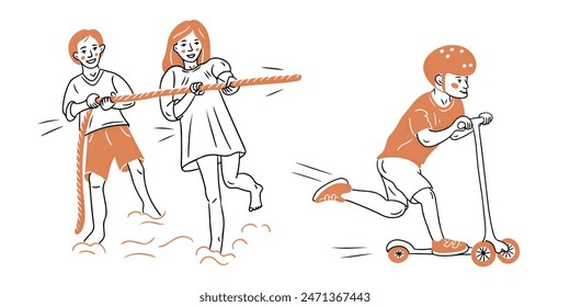Conjunto de ilustraciones de contorno de garabatos de niños felices jugando. Montar en scooter, jugar en la playa. Vector plano sketchy contorno dibujos aislados sobre fondo blanco