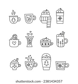 Set of doodle outline seasonal winter drinks including tea, coffee, mulled wine isolated on white background.