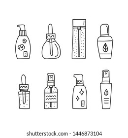 Set Of Doodle Outline Skincare Serum, Ampoule And Essence Bottles Isolated On White Background.