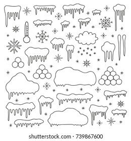 Set of doodle outline snow caps, icicles, snow balls, snowflakes for winter decoration isolated on white background.