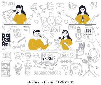 Set of doodle outline symbols of a podcast. Woman and man, hosting a podcast, an interview, radio show, broadcast. Linear decorative elements web design. Black white vector illustration isolated white