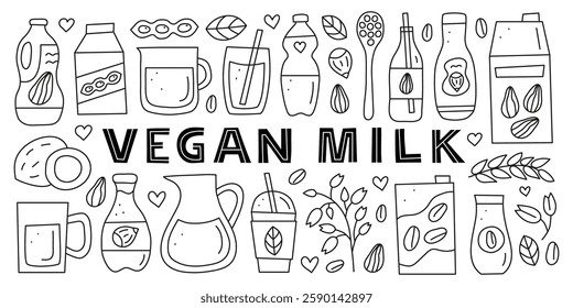 Set of doodle outline vegan milk isolated on white background. Soy, oat, coconut, rice, hazelnut milk. Plant based alternative beverages. Vegan calcium sources. Healthy nutrition.