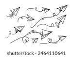 Set of doodle paper plane icon. Hand draw paper airplane.