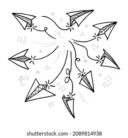 Set of doodle paper plane icon. Hand draw paper airplane. Vector Illustration.