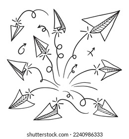 Set of doodle paper plane icon. Hand draw paper airplane. Vector Illustration.