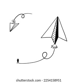 Conjunto de iconos de plano de papel de doodle. Dibujar mano avión de papel. Ilustración vectorial.