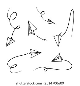 Conjunto de icono de plano de papel doodle. Dibuja a mano un avión de papel.