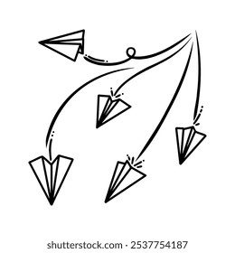 Set of doodle paper plane icon. Hand draw paper airplane.