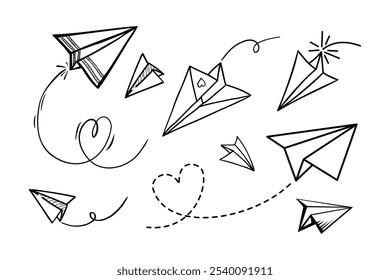 Set of doodle paper plane icon. Hand draw paper airplane.