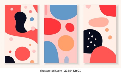 Set doodle pattern backgrounds with abstract organic shapes and blobs. Hand drawn colorful artwork panels in red, black, blue and beige colors. Vertical banner templates for social media, blogging.