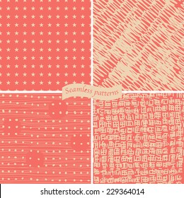 set of doodle pattern on retro red background