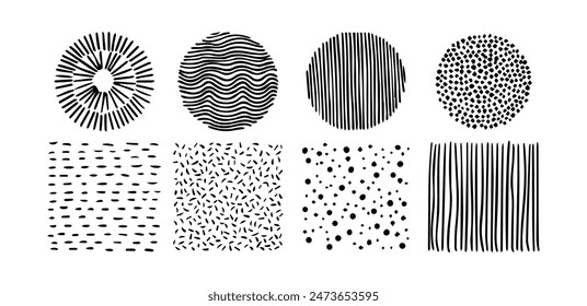 Set of doodle patterns. Abstract shapes and design elements. Trendy pattern for poster, social media and other designs. Vector illustration.