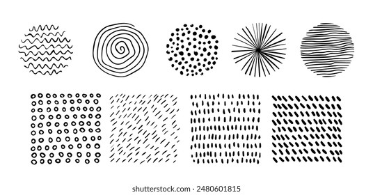 Set of doodle patterns. Abstract shapes and design elements. Trendy pattern for poster, social media and other designs. Vector illustration.