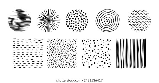 Set of doodle patterns. Abstract shapes and design elements. Trendy pattern for poster, social media and other designs. Vector illustration.