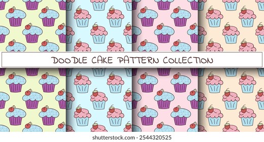 Um conjunto de padrões de doodle com cupcakes e bagas, morangos e cerejas