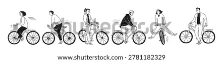 Set of doodle people with bicycles. Man and woman riding a bicycle. Vector isolated illustration.