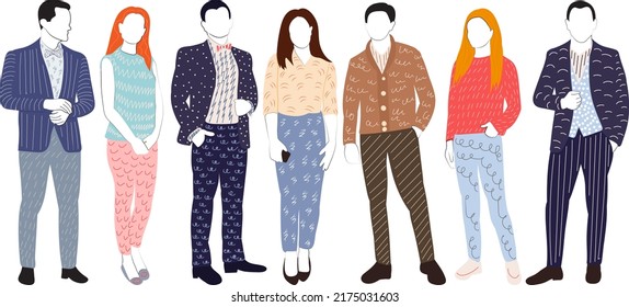 set of doodle people, contour sketch isolated, vector