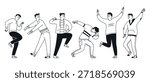 Set of doodle people, dancing men. A collection of happy jumping men performing dance moves. Outline, thin line. Vector linear illustration.