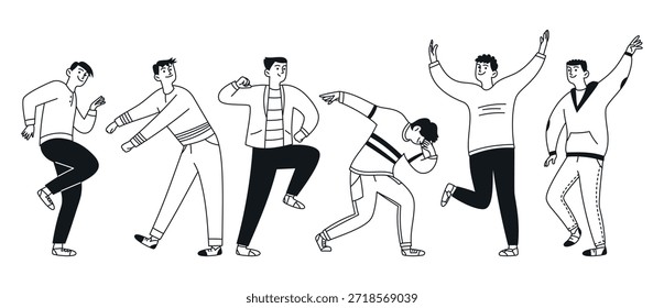 Conjunto de doodle personas, bailarines. Una colección de hombres saltando felices realizando movimientos de baile. Esquema, línea delgada. Ilustración lineal de Vector.