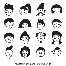 Set of doodle people faces. Black and white vector isolated illustration logo. Serious, surprised, gloomy, happy man and woman. Collection