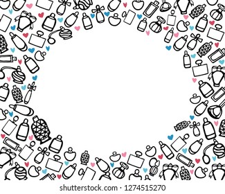 Set of Doodle Perfume Bottles in Form of Frame With Pink and Blue Hearts. Vector Illustration