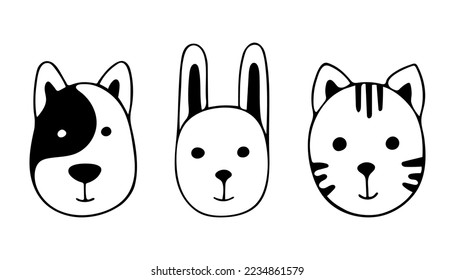 Conjunto de mascotas de doodle. Ilustración vectorial dibujada a mano del lindo gato de cabeza, perro y liebre aislados en fondo blanco. Bien por el diseño infantil y el colorido libro de páginas.