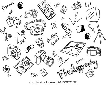 Set of doodle photography icons. hand drawn line art sign and symbol illustrations of photographers equipment and tools