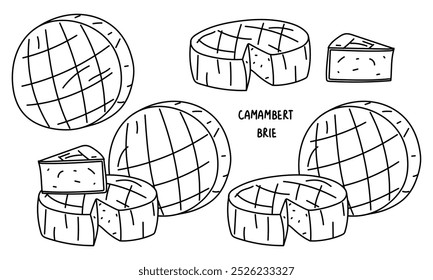 set of doodle pieces of Camembert cheese of various shapes, representing a French dish of soft cream with brie cheese in a flat form, highlighted on a white. Circle, triangle in a diverse group