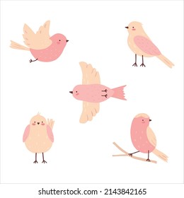 Set of doodle pink cute birds. Collection of childish funny birdies. Simple vector illustration.