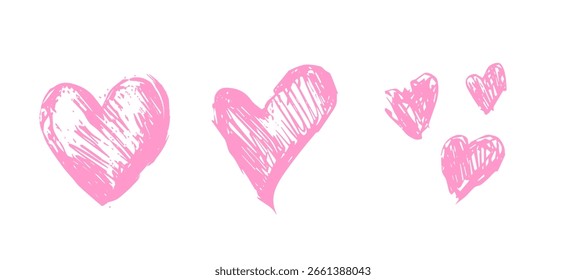 Conjunto de corazones rosa doodle. Colección dibujada por pinceladas. Aislado sobre fondo blanco. Ilustración vectorial.