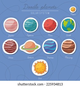 Set Of Doodle Planet Stickers. EPS 10. No Transparency. No Gradients.