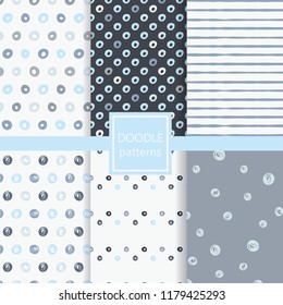 Set of doodle polka dots and striped abstract seamless pattern