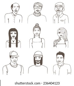 Set of doodle portraits. Vector eps8 illustration.