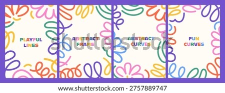 Set of doodle postcard templates with abstract curvy floral borders in pastel colors. Modern decorative cards with copy space, wavy line elements and soft clean frame compositions on white background.