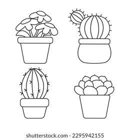 Set of doodle potted plants. Chamomile, cactus and succulent vector doodle